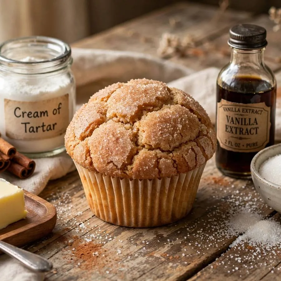 Snickerdoodle cupcake cookie with cinnamon sticks, cream of tartar and vanilla on a wooden table