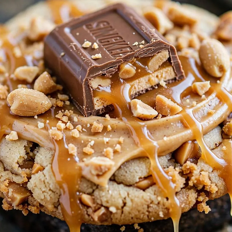 Extreme close-up of the Snickers Peanut Butter Crumbl Cookie showing caramel drizzle, chopped peanuts and chocolate detail