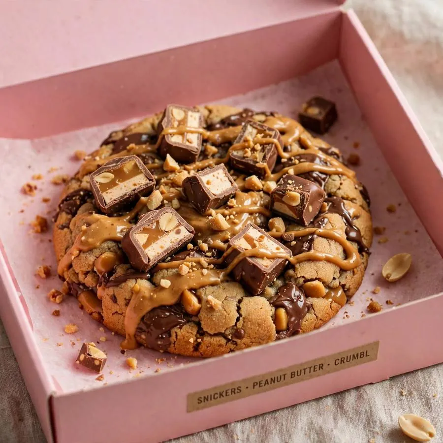 Snickers Peanut Butter Crumbl Cookie served in a pink bakery box