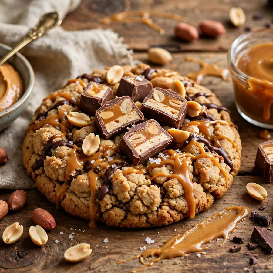 Snickers Peanut Butter Crumbl Cookie with peanuts, caramel sauce, peanut butter and chocolate arranged on a rustic wooden table
