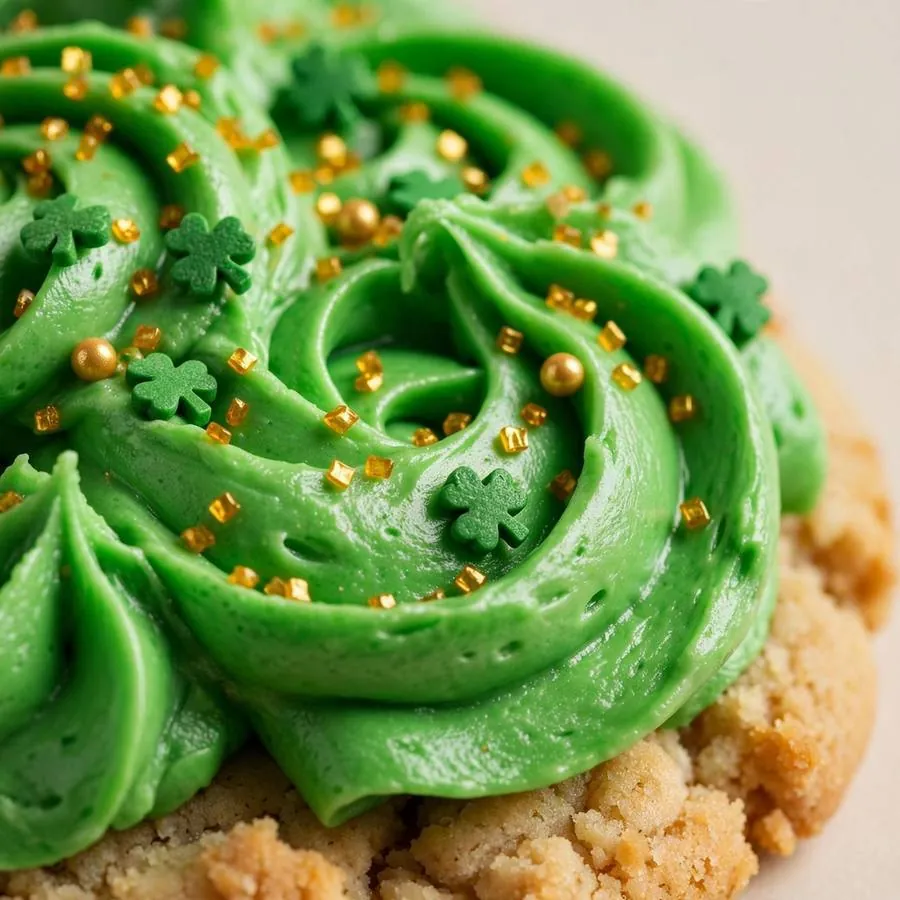 Green frosting swirl detail on St Patricks Celebration Cake Crumbl Cookie