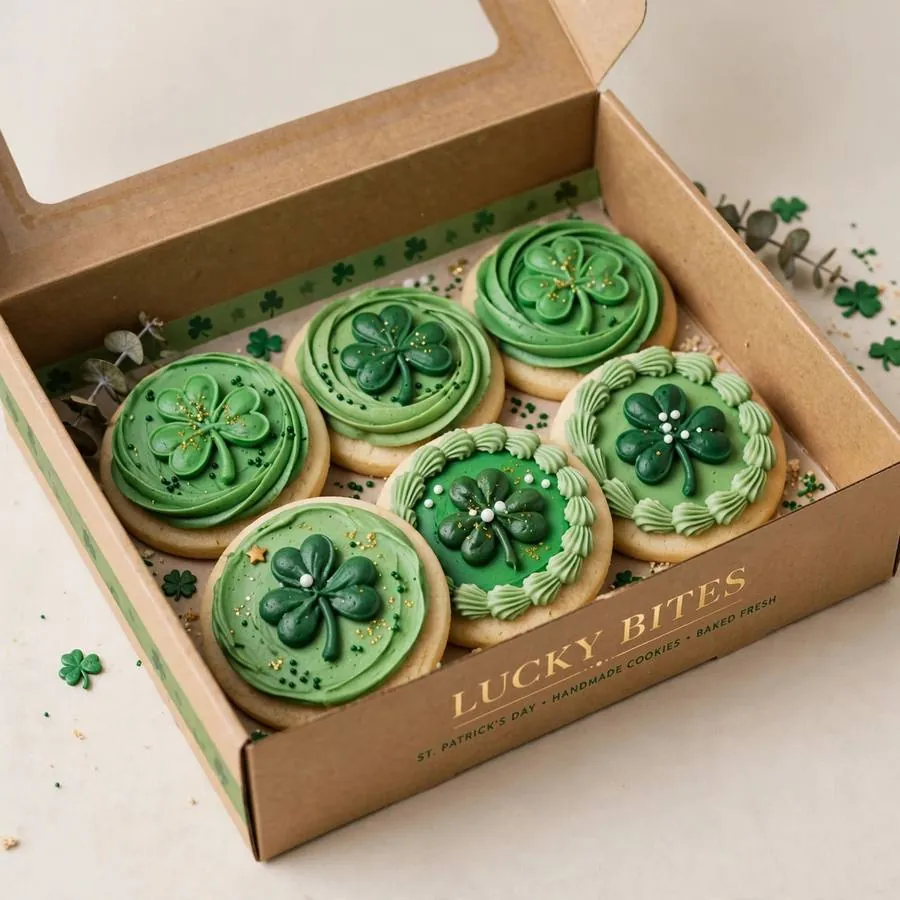 St Patricks Celebration Cake Crumbl Cookies in a festive bakery box