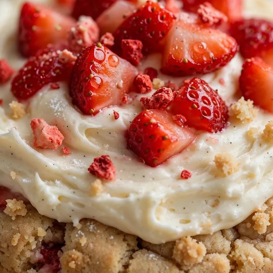 Fresh strawberry pieces over vanilla cream frosting