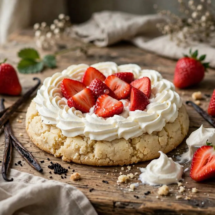 Strawberries N Cream cookie with fresh strawberries and whipped cream on a wooden table