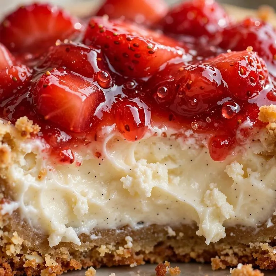 Glossy strawberry topping over creamy cheesecake filling