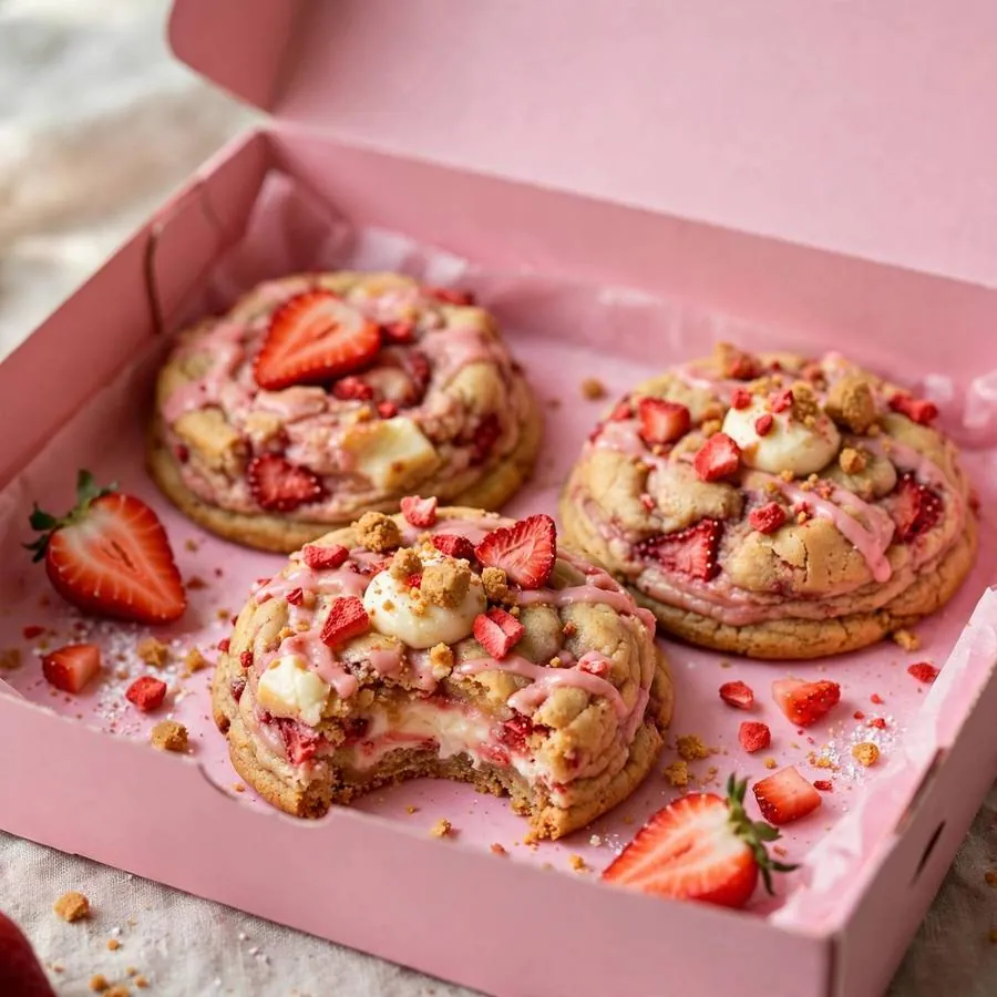 Strawberry cheesecake cookie presented in a pink Crumbl bakery box