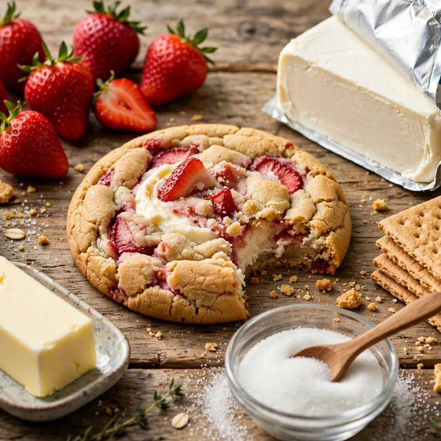 Strawberry cheesecake cookie with fresh strawberries, cream cheese and graham crackers on a wooden table