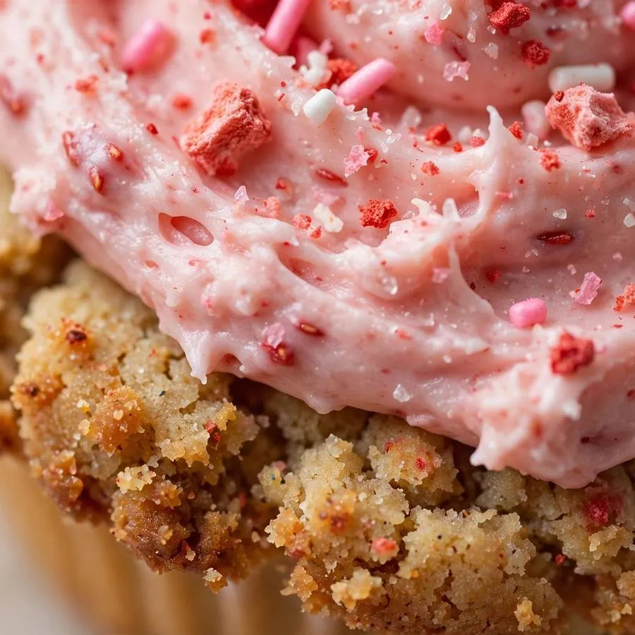 Extreme close-up of pink strawberry frosting swirls and sprinkles on a cupcake cookie