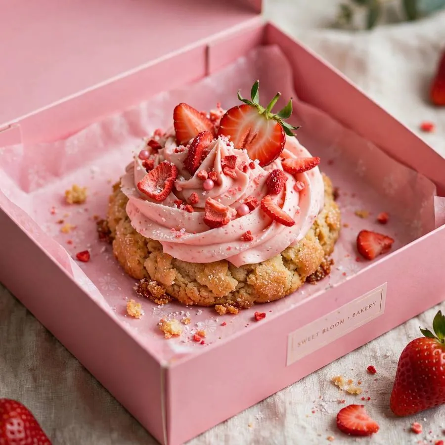Strawberry cupcake cookie served in a pink bakery box