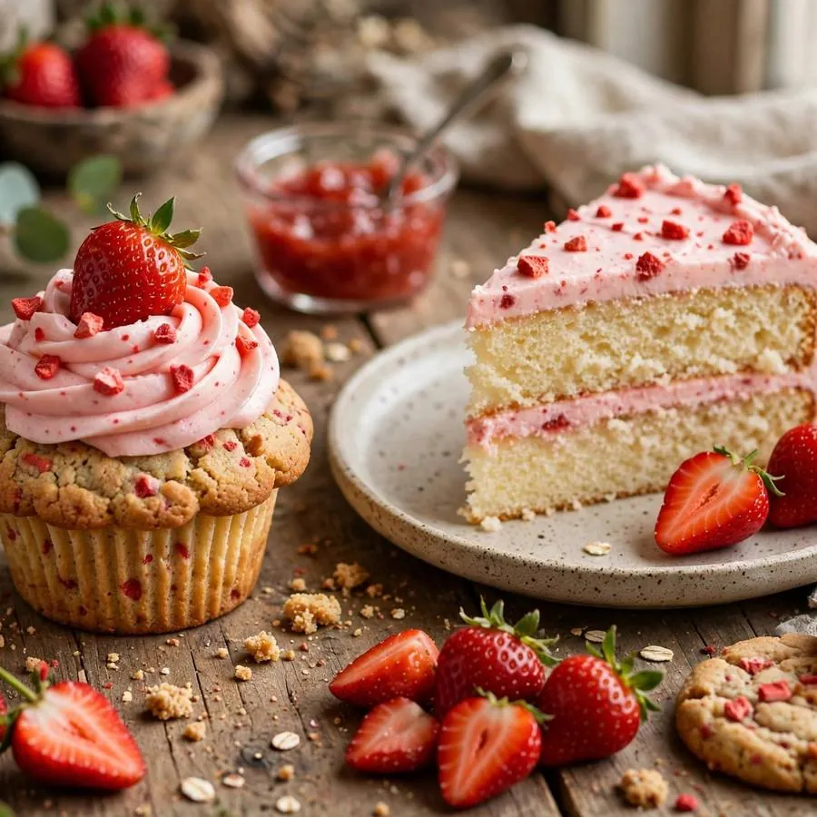 Strawberry cupcake cookie beside fresh strawberries, strawberry frosting and vanilla cake on a wooden table