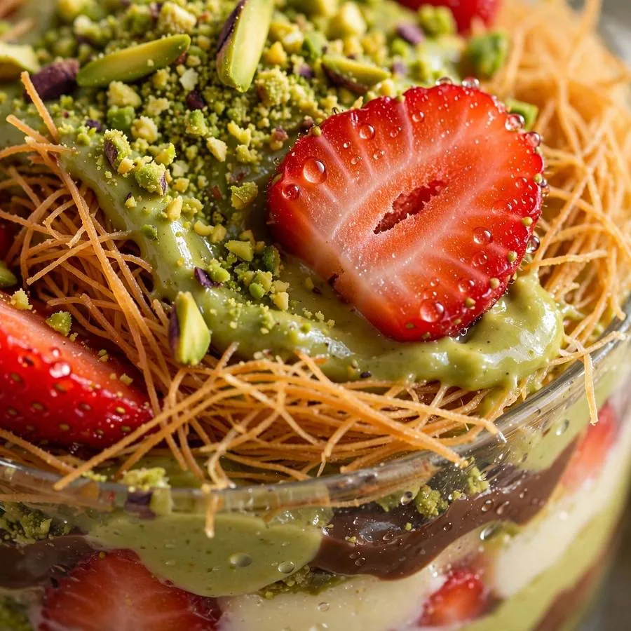 Pistachio knafeh and strawberry layers on Strawberry Dubai Cup Crumbl Pistachio knafeh and strawberry layers on Strawberry Dubai Cup Crumbl