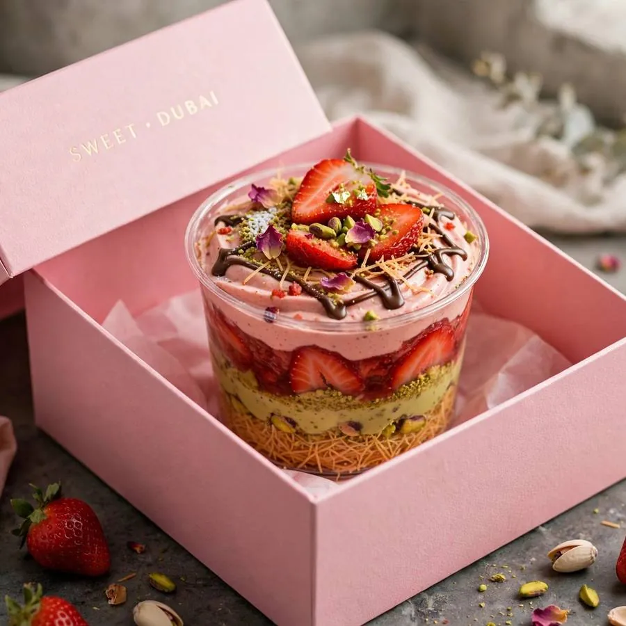 Strawberry Dubai Cup Crumbl in a pink bakery box Strawberry Dubai Cup Crumbl in a pink bakery box