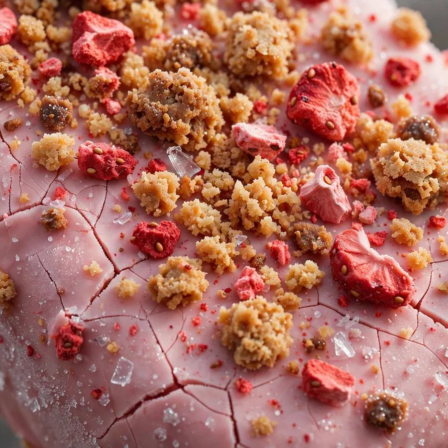 Pink strawberry coating with crunchy cookie crumb topping