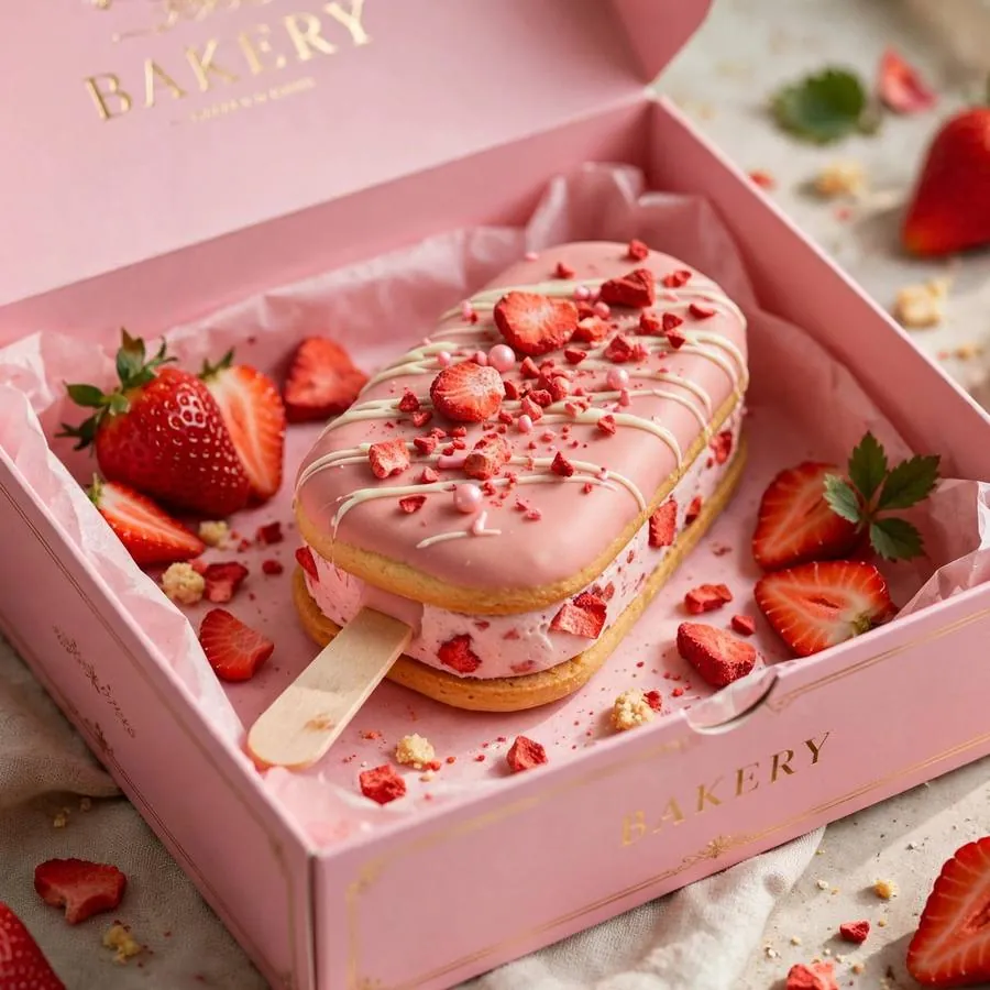 Strawberry ice cream bar cookie presented in a pink Crumbl bakery box