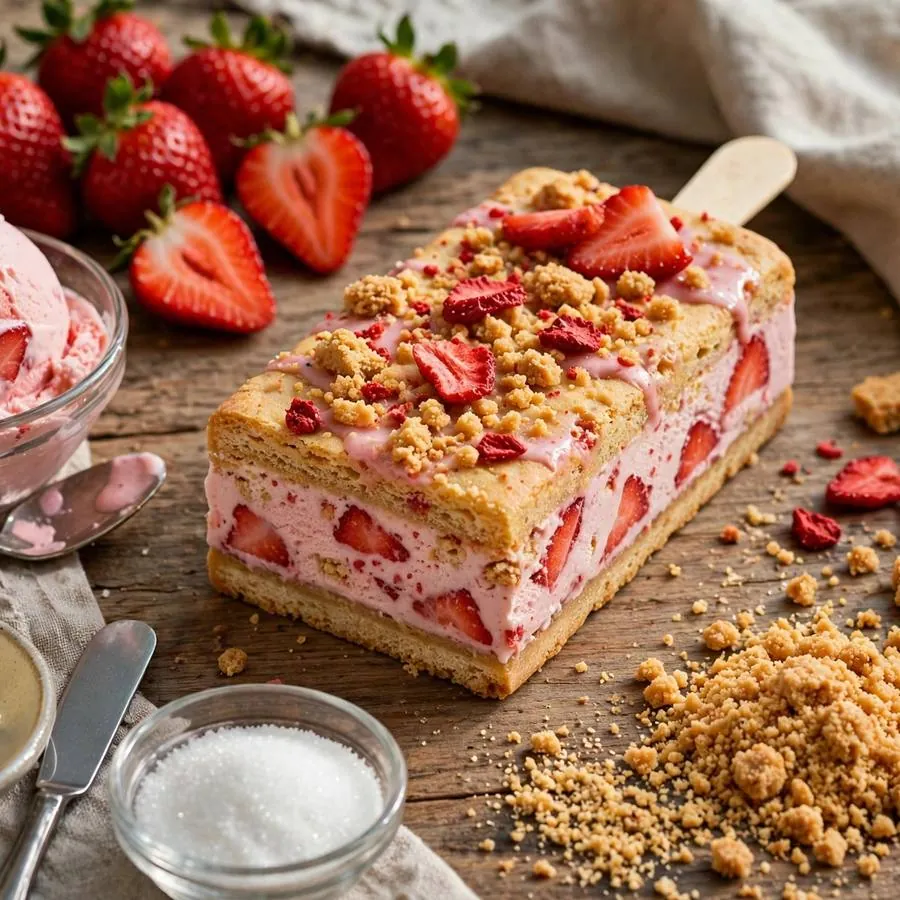 Strawberry ice cream bar cookie with fresh strawberries, ice cream and cookie crumbs on a wooden table