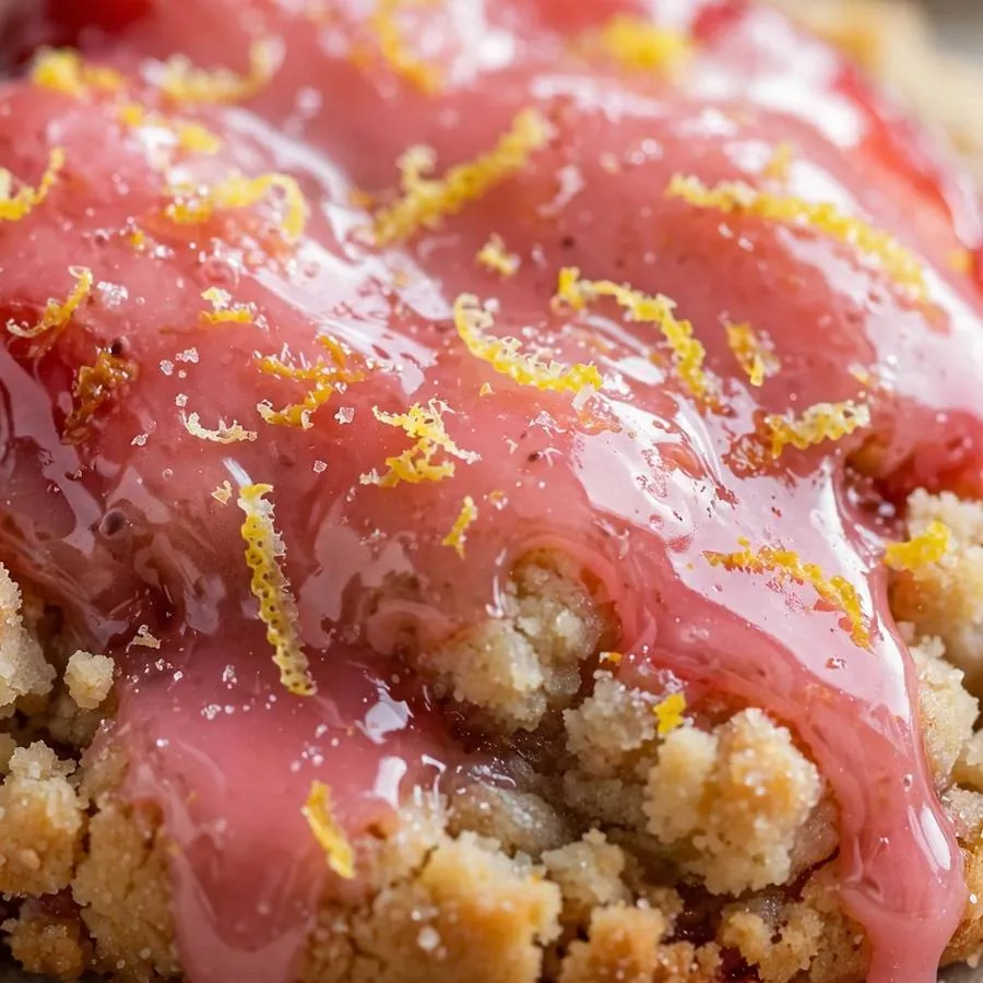 Extreme close-up of the Strawberry Lemonade Crumbl Cookie showing glossy pink strawberry glaze with lemon zest detail Extreme close-up of the Strawberry Lemonade Crumbl Cookie showing glossy pink strawberry glaze with lemon zest detail