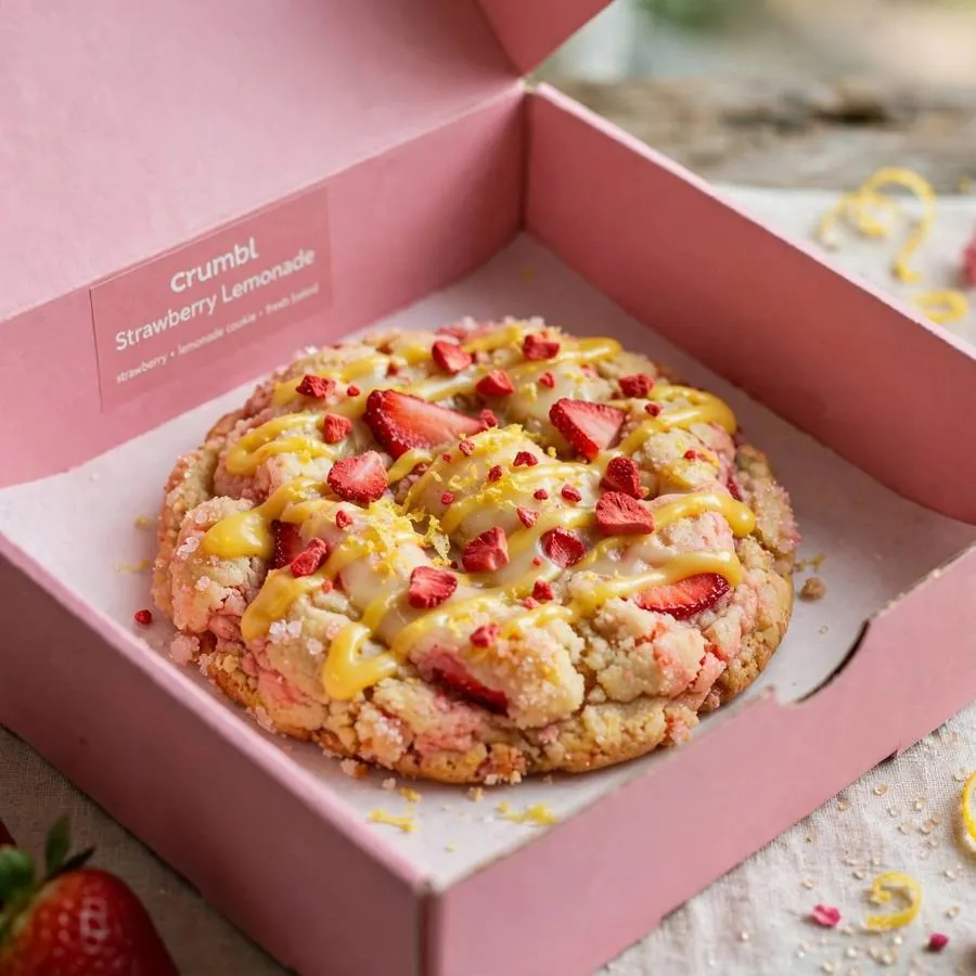 Strawberry Lemonade Crumbl Cookie served in a pink bakery box Strawberry Lemonade Crumbl Cookie served in a pink bakery box