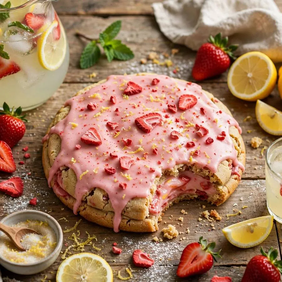 Strawberry Lemonade Crumbl Cookie with fresh strawberries, lemons and lemonade arranged on a rustic wooden table Strawberry Lemonade Crumbl Cookie with fresh strawberries, lemons and lemonade arranged on a rustic wooden table