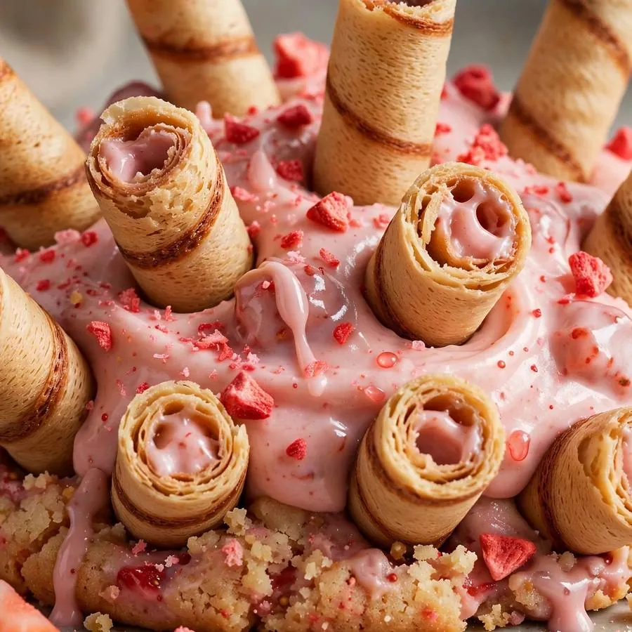 Crispy rolled wafer sticks over strawberry milk frosting