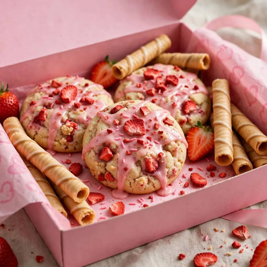 Strawberry Milk cookie with pirouline wafers in a pink bakery box