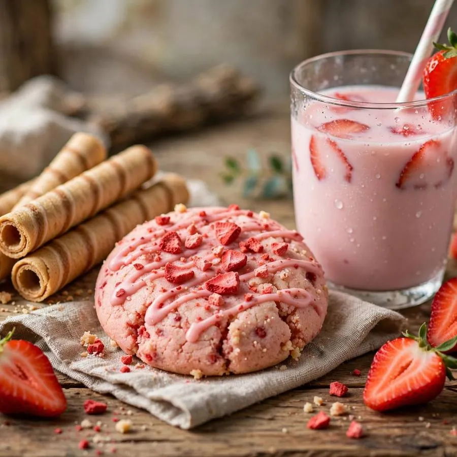 Strawberry Milk cookie with rolled wafer cookies and fresh strawberries on a wooden table
