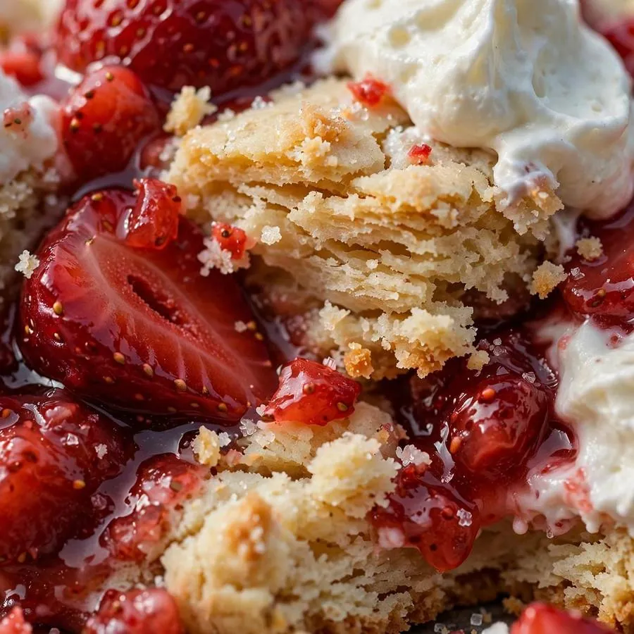 Extreme close-up of macerated strawberries and whipped cream dollops on a shortcake cookie Extreme close-up of macerated strawberries and whipped cream dollops on a shortcake cookie