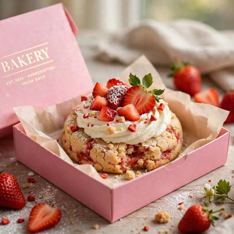 Strawberry shortcake cookie served in a pink bakery box Strawberry shortcake cookie served in a pink bakery box