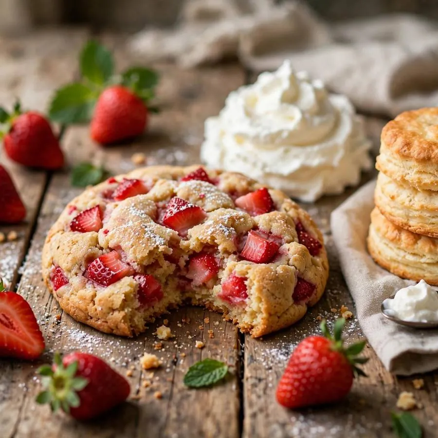 Strawberry shortcake cookie beside fresh strawberries, whipped cream and shortcake biscuits on a wooden table Strawberry shortcake cookie beside fresh strawberries, whipped cream and shortcake biscuits on a wooden table