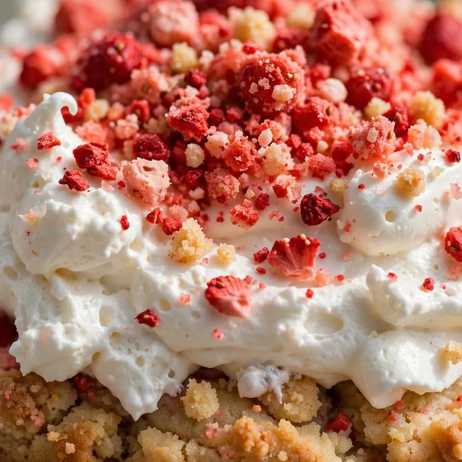 Extreme close-up of the Strawberry Shortcake Crumbl Cookie showing strawberry crumble topping over whipped cream detail