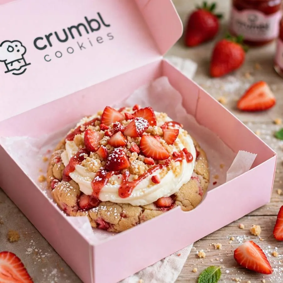 Strawberry Shortcake Crumbl Cookie served in a pink bakery box