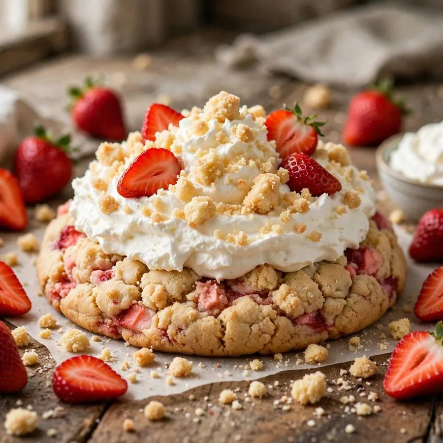 Strawberry Shortcake Crumbl Cookie with fresh strawberries, shortcake crumbs and whipped cream arranged on a rustic wooden table