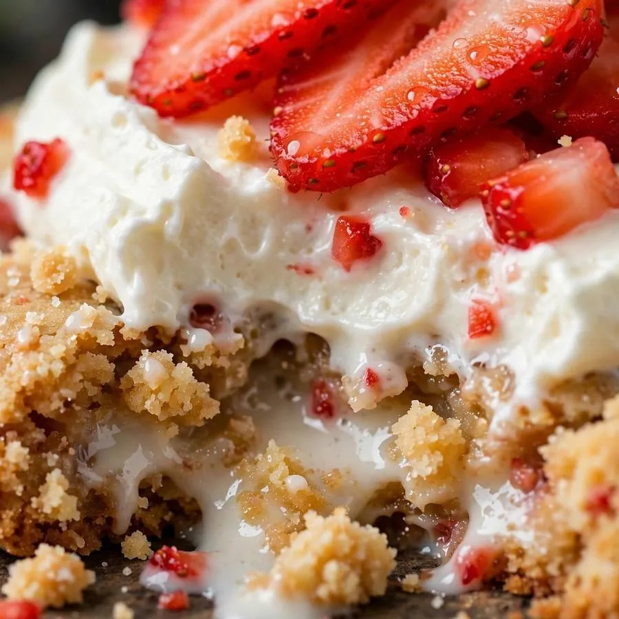 Fresh strawberry topping on Strawberry Tres Leches Cake Crumbl