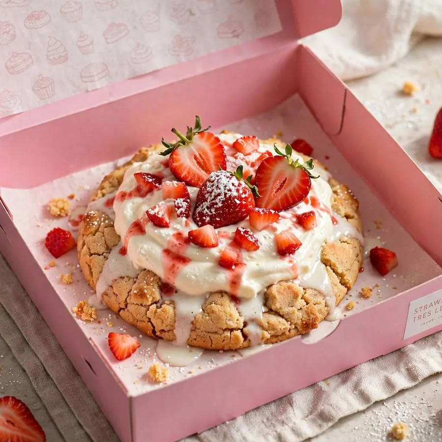 Strawberry Tres Leches Cake Crumbl in a pink bakery box
