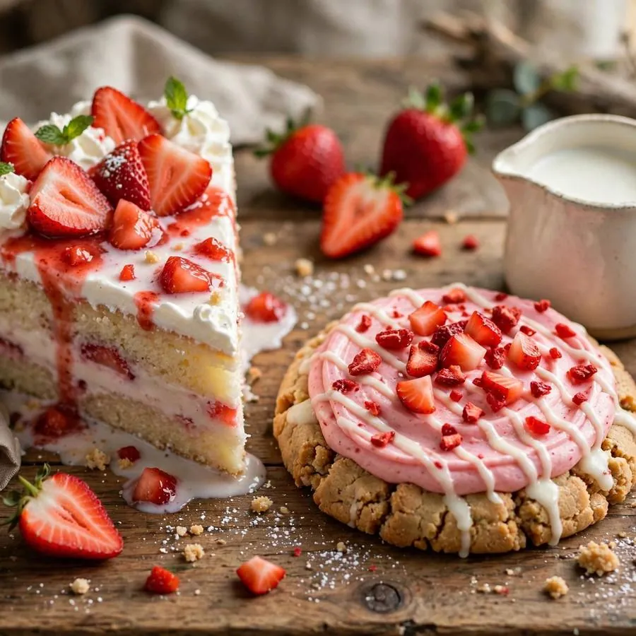 Strawberry Tres Leches Cake Crumbl with fresh strawberries, a small pitcher of milk and whipped cream