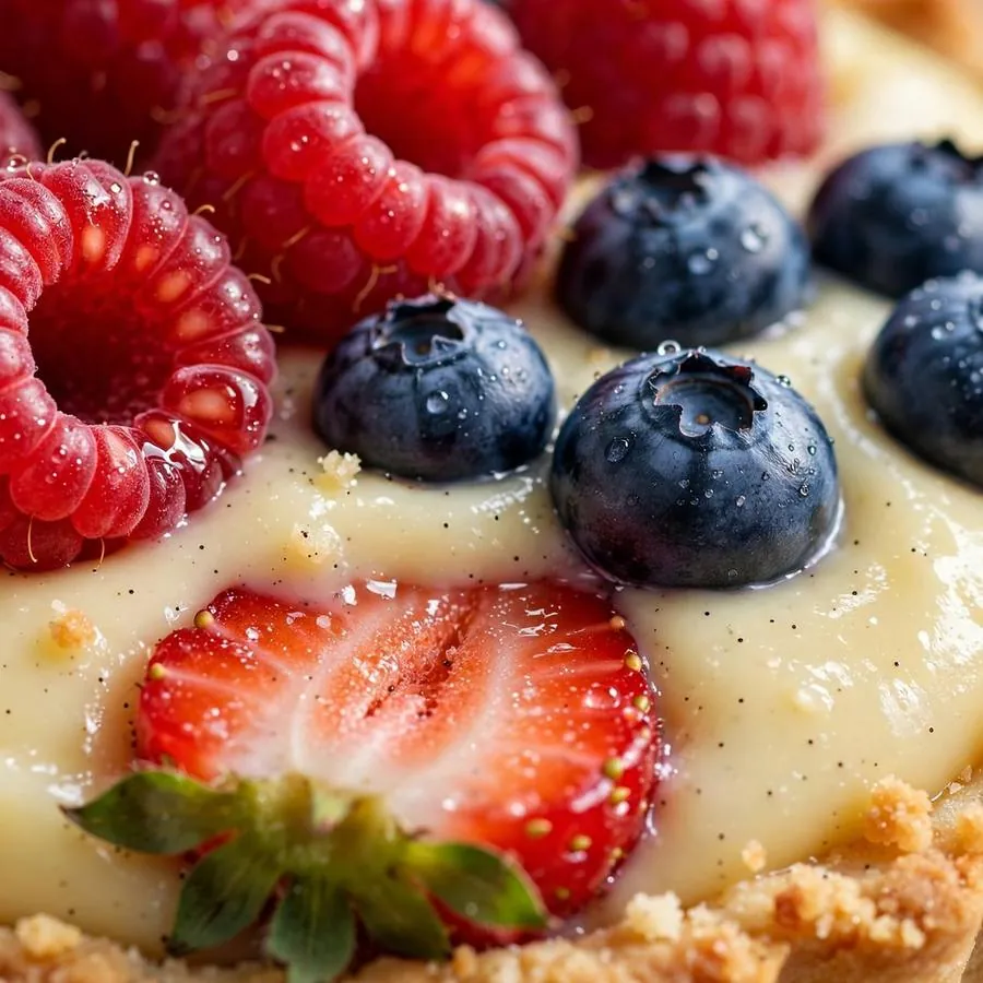 Glossy fresh mixed berries over smooth vanilla custard
