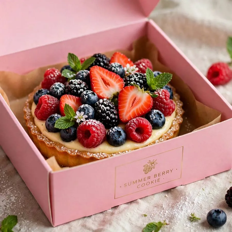 Summer berry tart cookie presented in a pink Crumbl bakery box