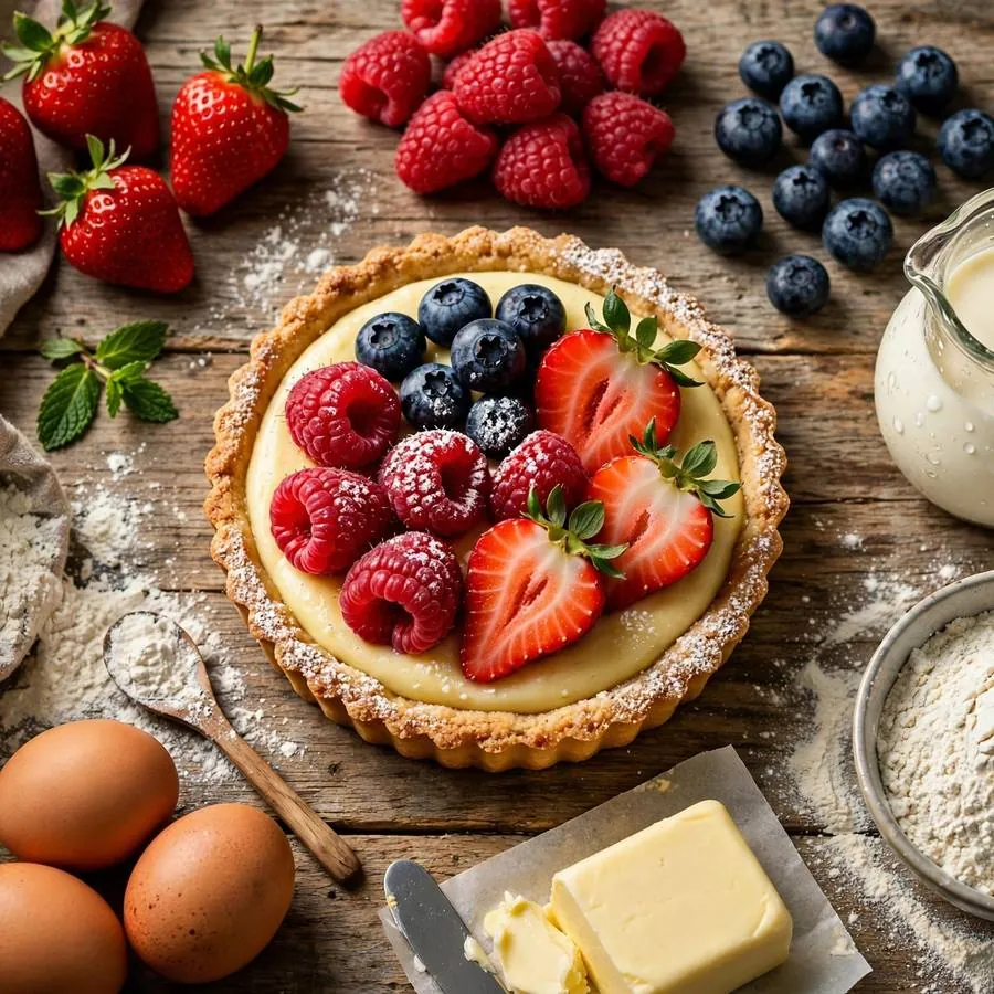 Summer berry tart cookie with fresh berries, eggs and cream on a wooden table