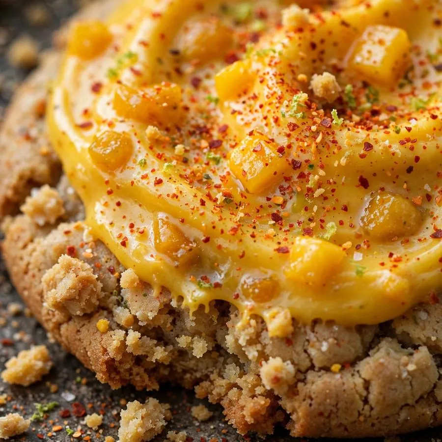 Extreme close-up of the Tangy Mango Crumbl Cookie ft. Tajin cookie showing mango frosting dusted with chili-lime Tajin seasoning detail