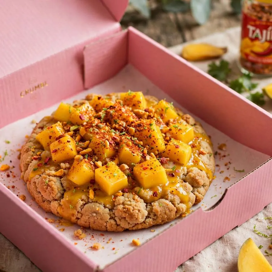 Tangy Mango Crumbl Cookie ft. Tajin cookie served in a pink bakery box