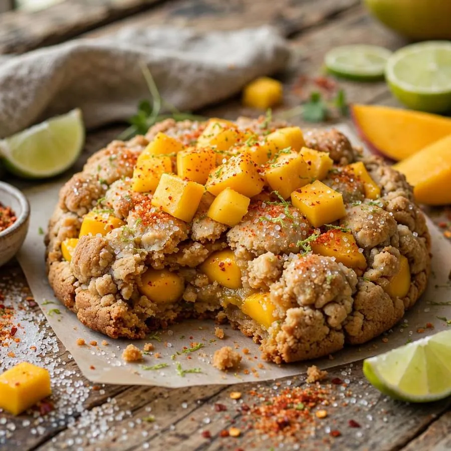 Tangy Mango Crumbl Cookie ft. Tajin cookie with fresh mango, lime, chili seasoning and sugar arranged on a rustic wooden table