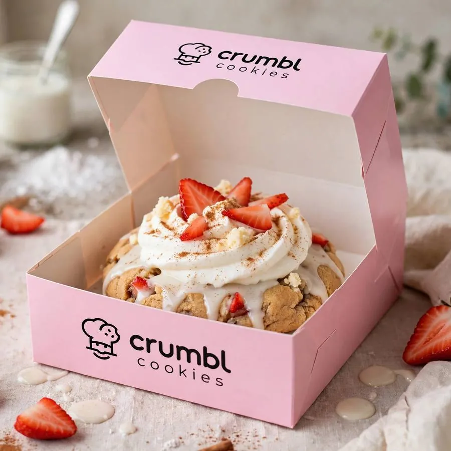 Tres Leches Cake cookie in a pink bakery box