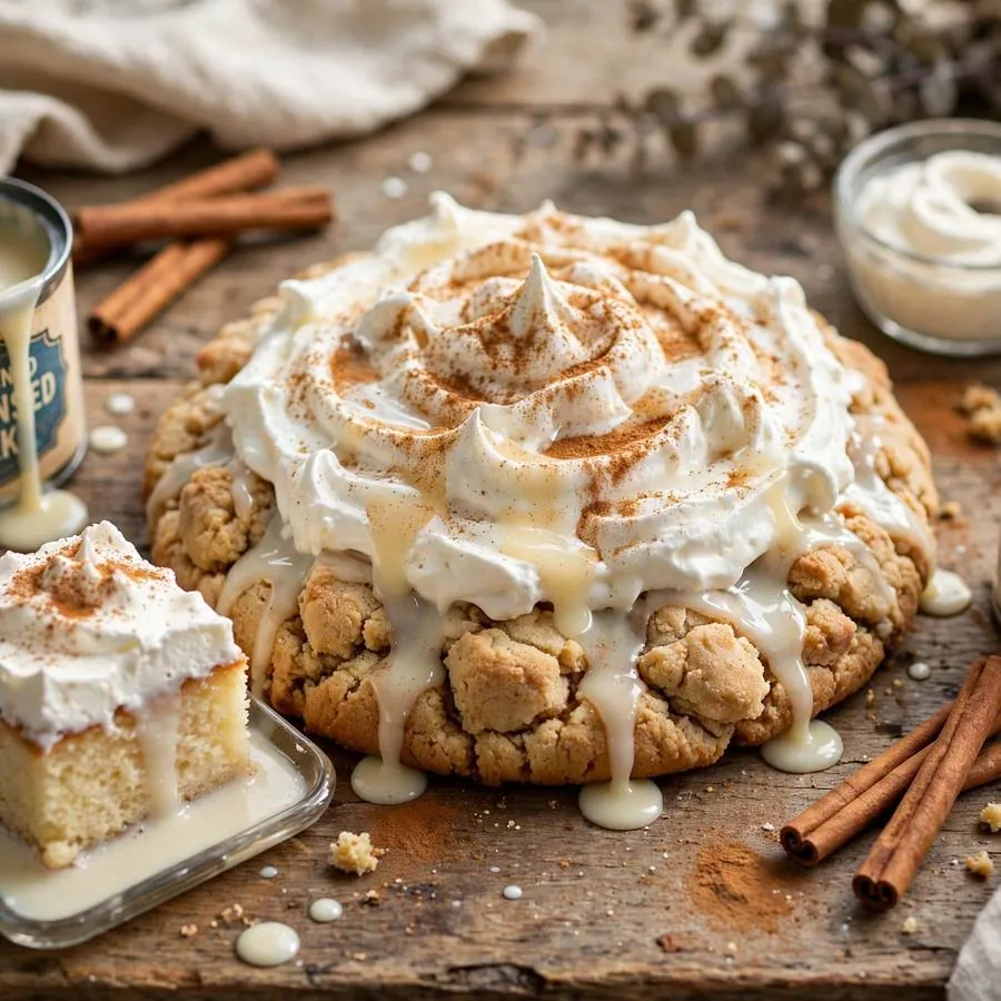 Tres Leches Cake cookie with condensed milk, evaporated milk and whipped cream on a wooden table