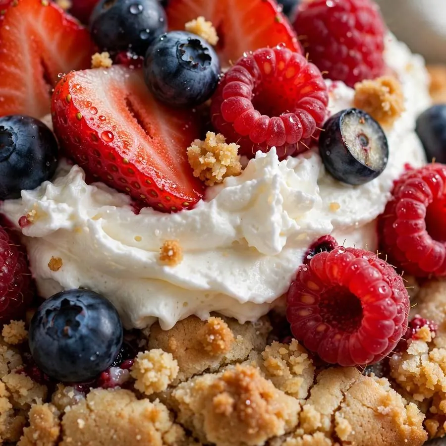 Strawberries, blueberries and raspberries over whipped cream