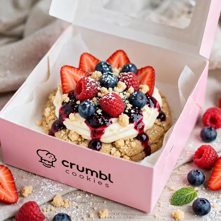 Triple Berry Shortcake cookie in a pink bakery box