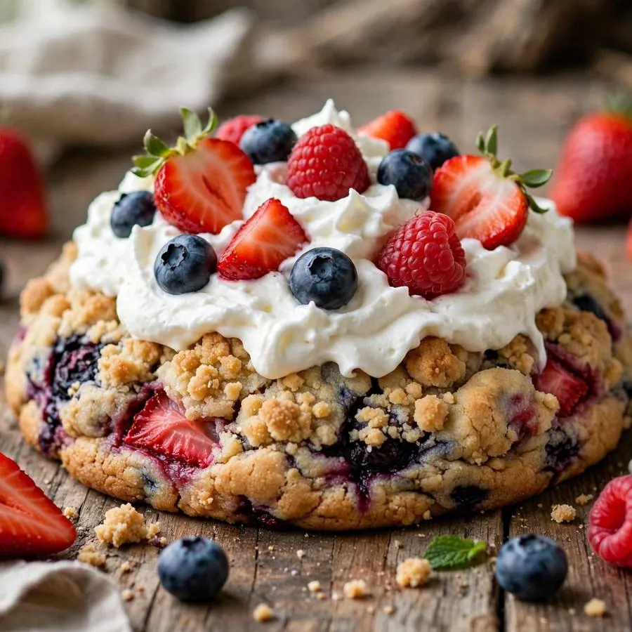 Triple Berry Shortcake cookie with fresh berries and whipped cream on a wooden table