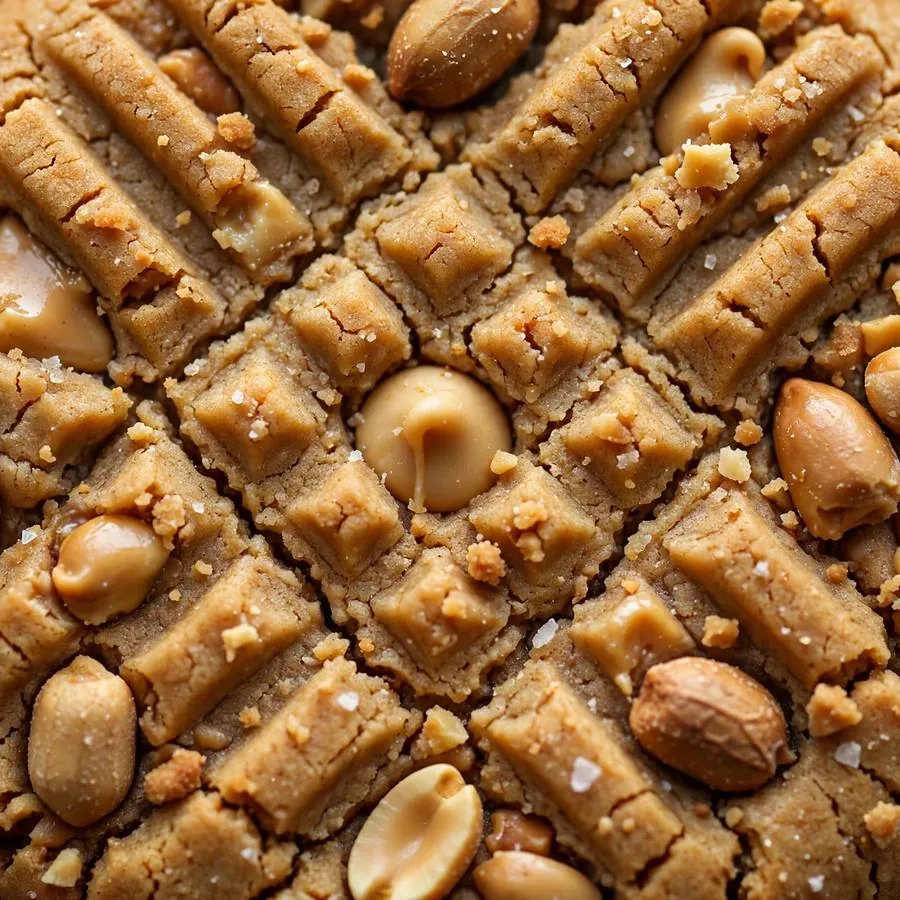 Extreme close-up of peanut butter chips and roasted peanuts on a crisscrossed cookie