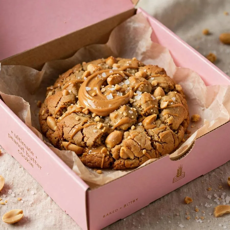Ultimate peanut butter cookie served in a pink bakery box