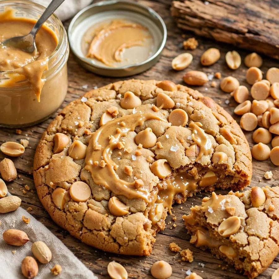 Ultimate peanut butter cookie beside creamy peanut butter, roasted peanuts and peanut butter chips on a wooden table