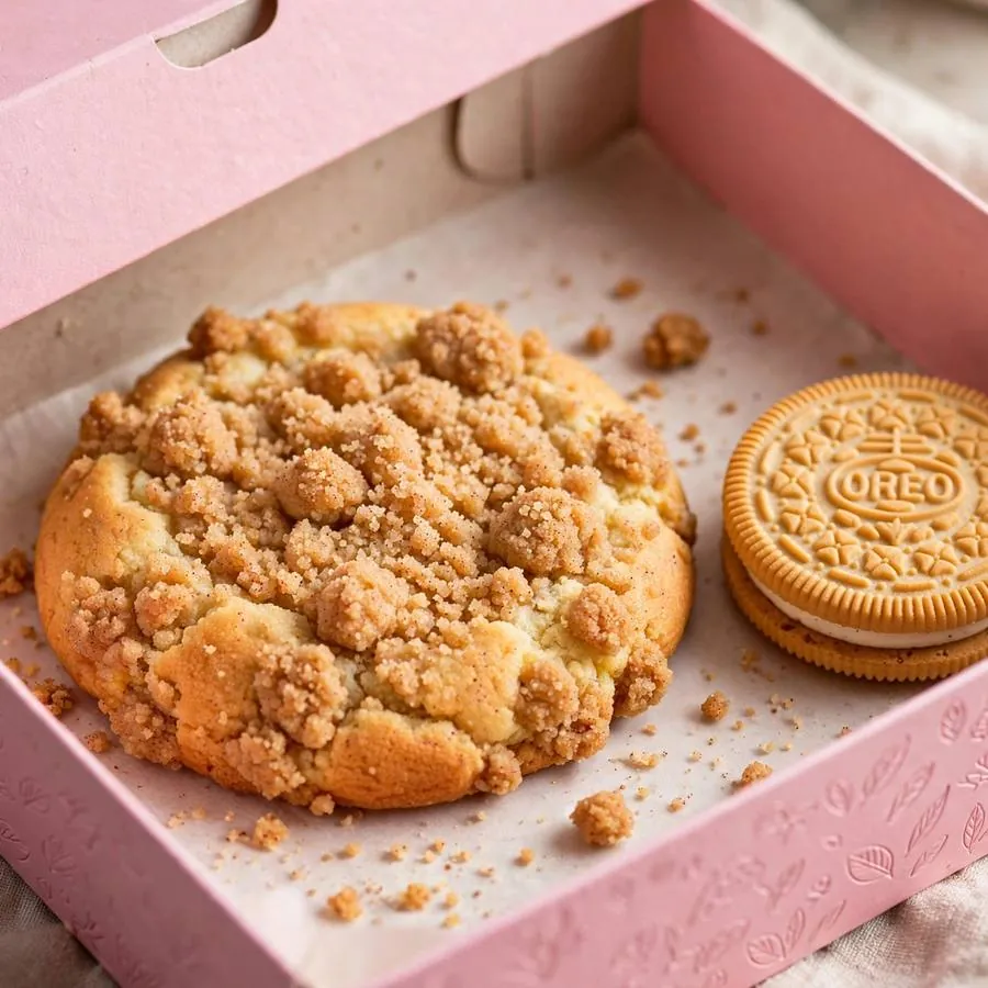 Vanilla Crumb Cake Cookie ft Golden Oreo in a pink bakery box