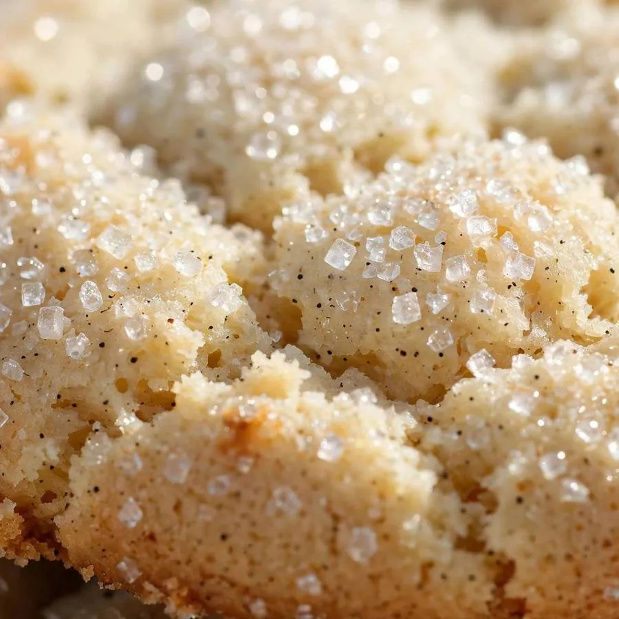 Extreme close-up of sparkling sugar crystals on a soft vanilla sugar cookie